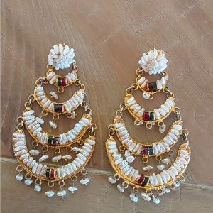 Gold and White Rice Pearl Drop Earrings